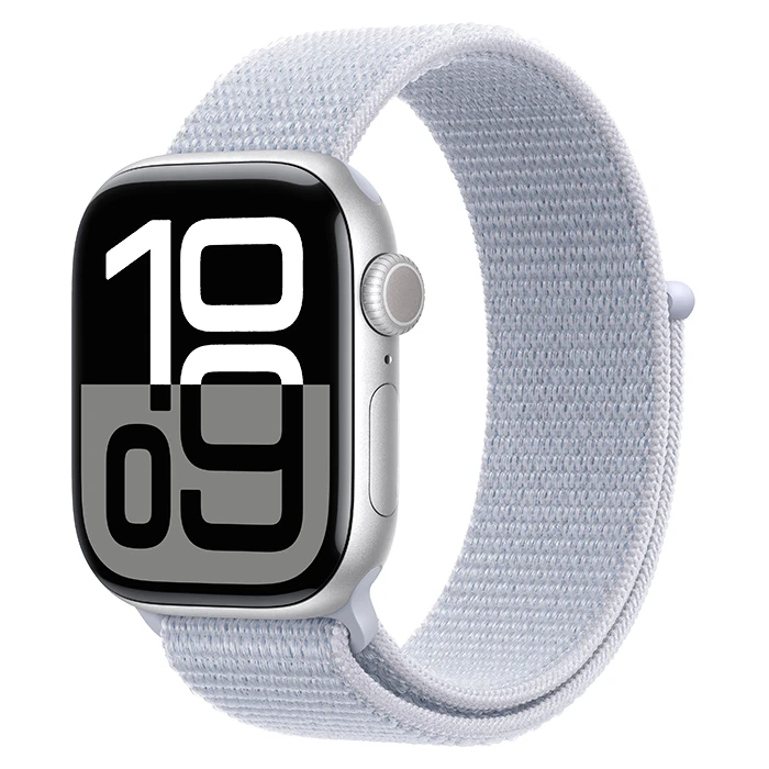 Apple Watch Series 10 GPS Cellular 42mm Silver Aluminium Case with Blue Cloud Sport Loop Nieuw Upgreatest